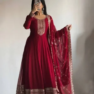deep maroon anarkali suit with golden embroidery and net dupatta