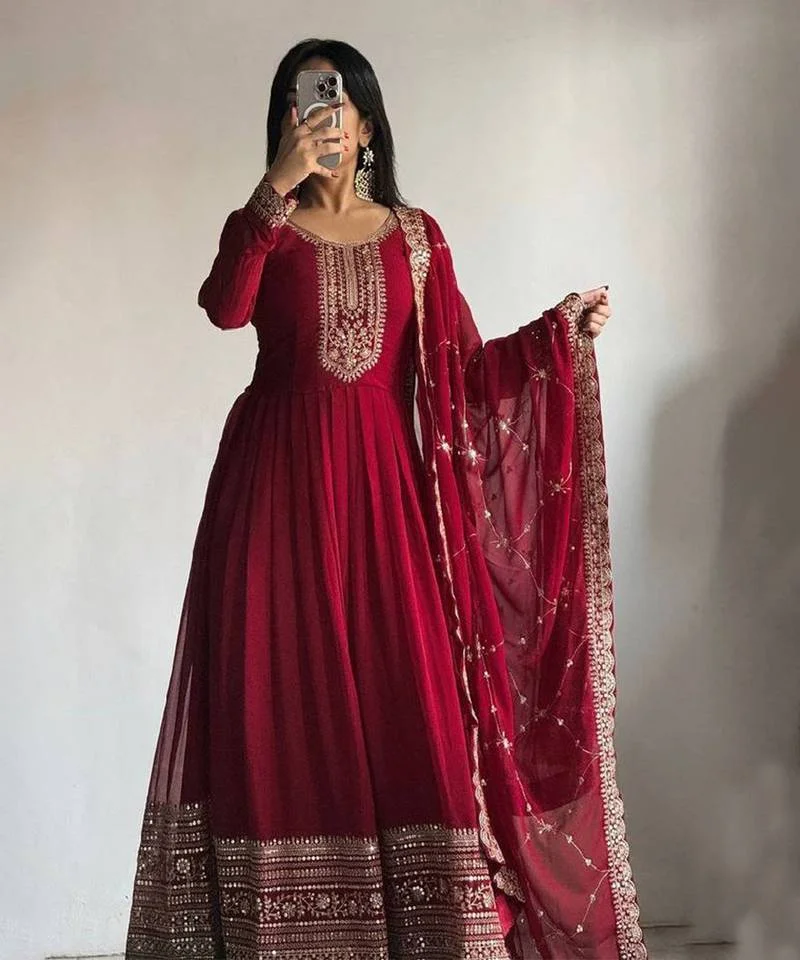 deep maroon anarkali suit with golden embroidery and net dupatta deep maroon anarkali suit with golden embroidery and net dupatta