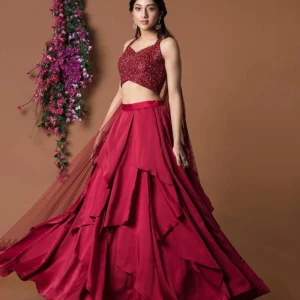 women's elegant pink floral printed lehenga choli with sequin embellished blouse, mirror work dupatta and flowing flared skirt – perfect for weddings, parties, festive & traditional occasions