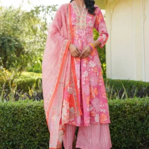 peach pink floral printed cotton kurta set with palazzo and dupatta – comfortable daily wear & festive ethnic outfit