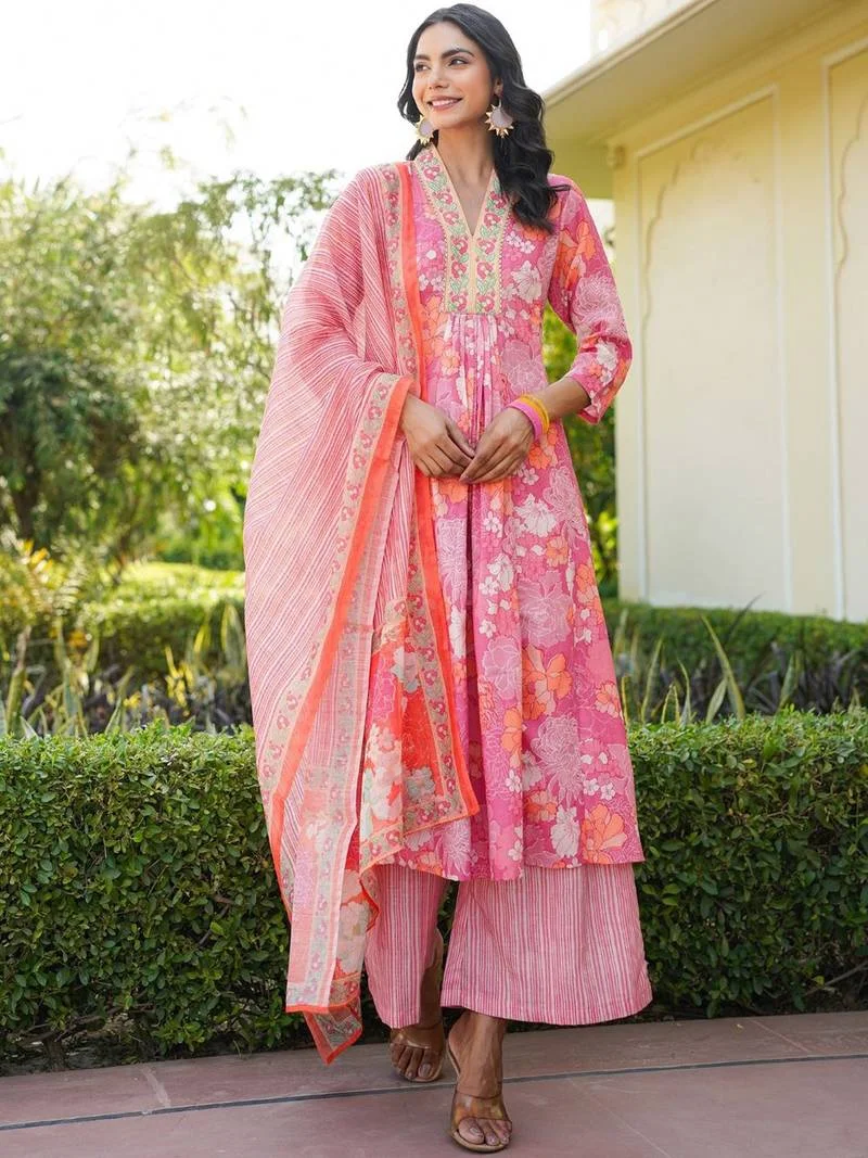 peach pink floral printed cotton kurta set with palazzo and dupatta – comfortable daily wear & festive ethnic outfit peach pink floral printed cotton kurta set with palazzo and dupatta – comfortable daily wear & festive ethnic outfit