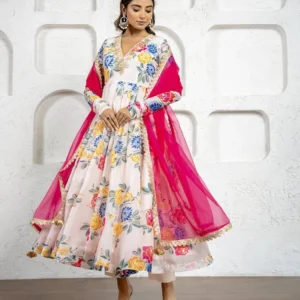 deep maroon anarkali suit with golden embroidery and net dupatta