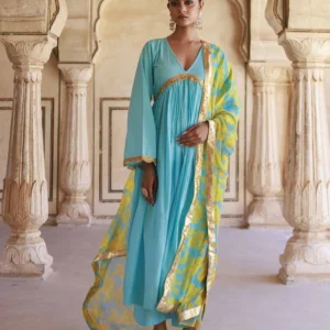 deep maroon anarkali suit with golden embroidery and net dupatta