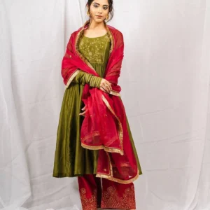 deep maroon anarkali suit with golden embroidery and net dupatta