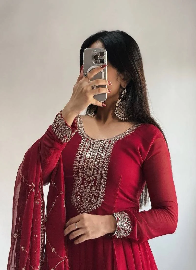 deep maroon anarkali suit with golden embroidery and net dupatta deep maroon anarkali suit with golden embroidery and net dupatta