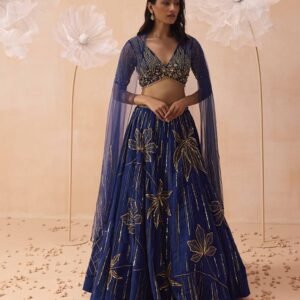 royal blue designer embroidered lehenga choli with net dupatta featuring golden zari, sequins, and bead work for wedding, reception, cocktail party, and festive celebrations