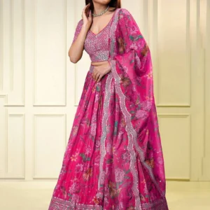 women's elegant pink floral printed lehenga choli with sequin embellished blouse, mirror work dupatta and flowing flared skirt – perfect for weddings, parties, festive & traditional occasions