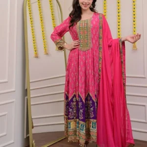 deep maroon anarkali suit with golden embroidery and net dupatta