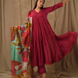 deep maroon anarkali suit with golden embroidery and net dupatta