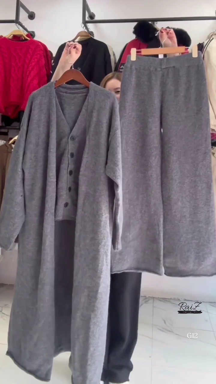 elegant three piece knit lounge set for women featuring long open front cardigan, button up vest, and wide leg pants elegant three piece knit lounge set for women featuring long open front cardigan, button up vest, and wide leg pants