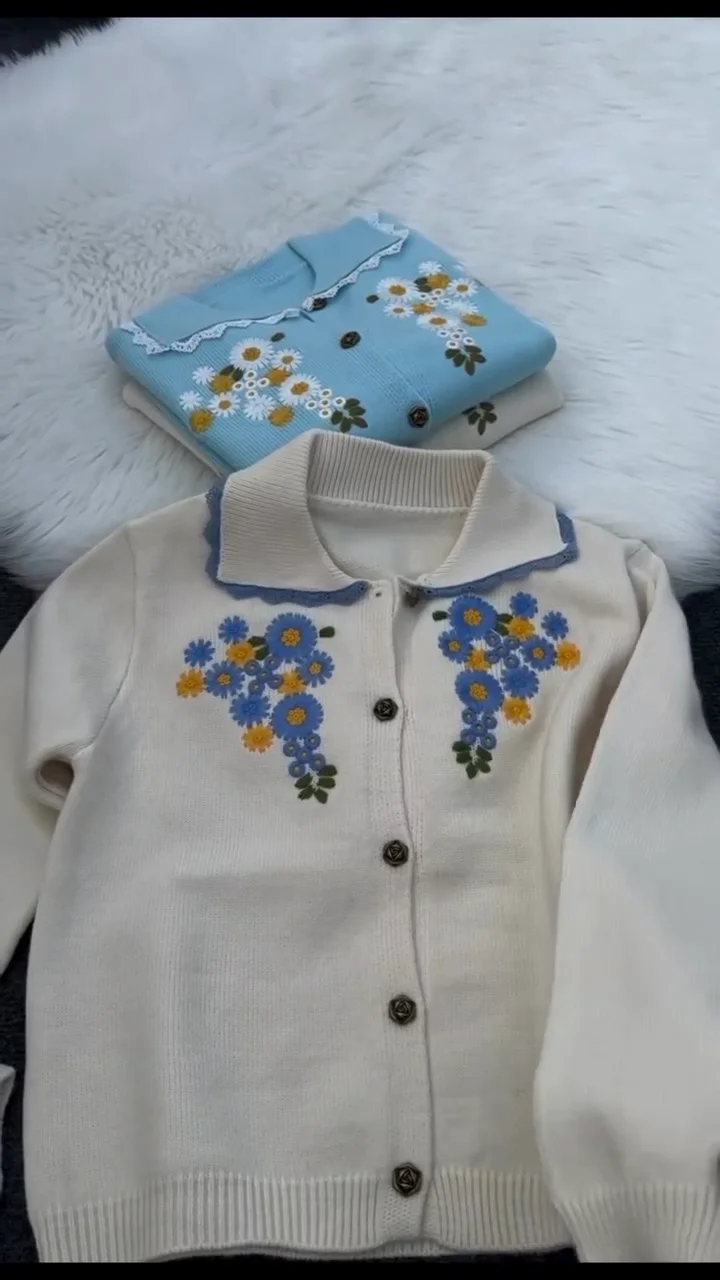 cute floral embroidered knit cardigan for women with lace collar and button down front – soft vintage inspired sweater available in blue, cream, and beige colors cute floral embroidered knit cardigan for women with lace collar and button down front – soft vintage inspired sweater available in blue, cream, and beige colors