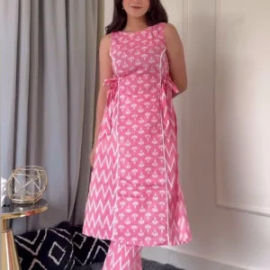 elegant pink cotton printed kurti with matching pants – sleeveless tie up style designer ethnic set for casual, festive, and everyday wear