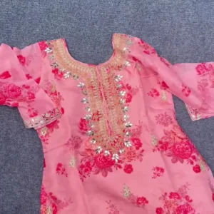 elegant pink cotton printed kurti with matching pants – sleeveless tie up style designer ethnic set for casual, festive, and everyday wear