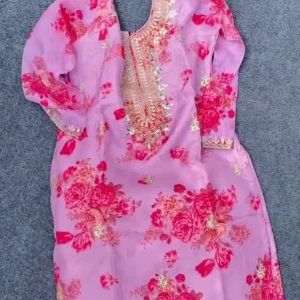 elegant pink cotton printed kurti with matching pants – sleeveless tie up style designer ethnic set for casual, festive, and everyday wear