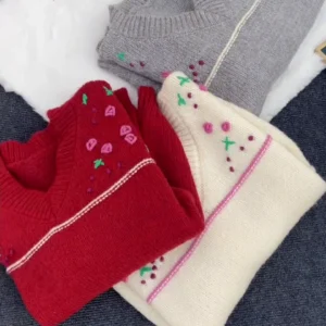 floral embroidered v neck knit sweater – soft and cozy design with delicate flower details | available in red, cream, and gray | perfect for a cute and feminine winter look
